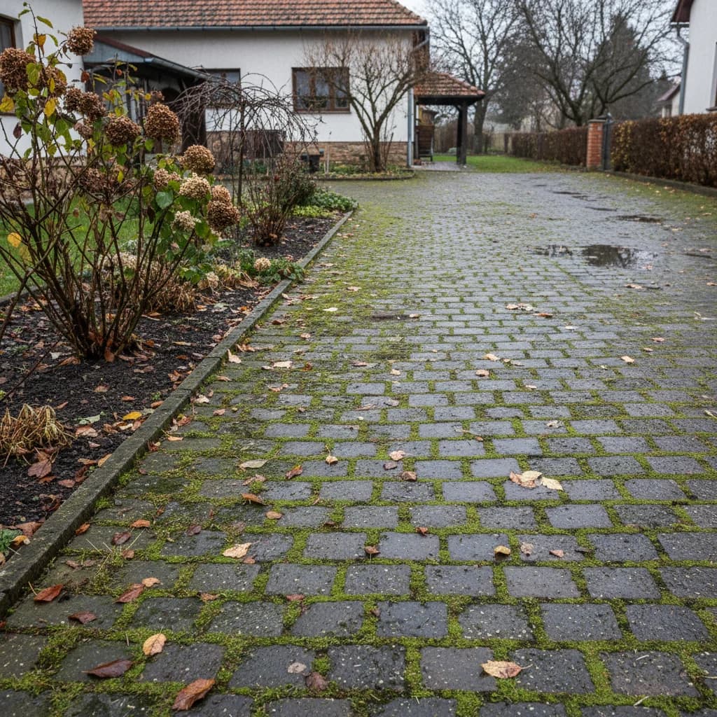 Poškozená dlažba s mechem